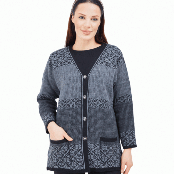 Fresh&Moda Kadın Siyah Gri Desenli  Düğmeli Triko Cepli Kışlık Anne Hırkası - 3