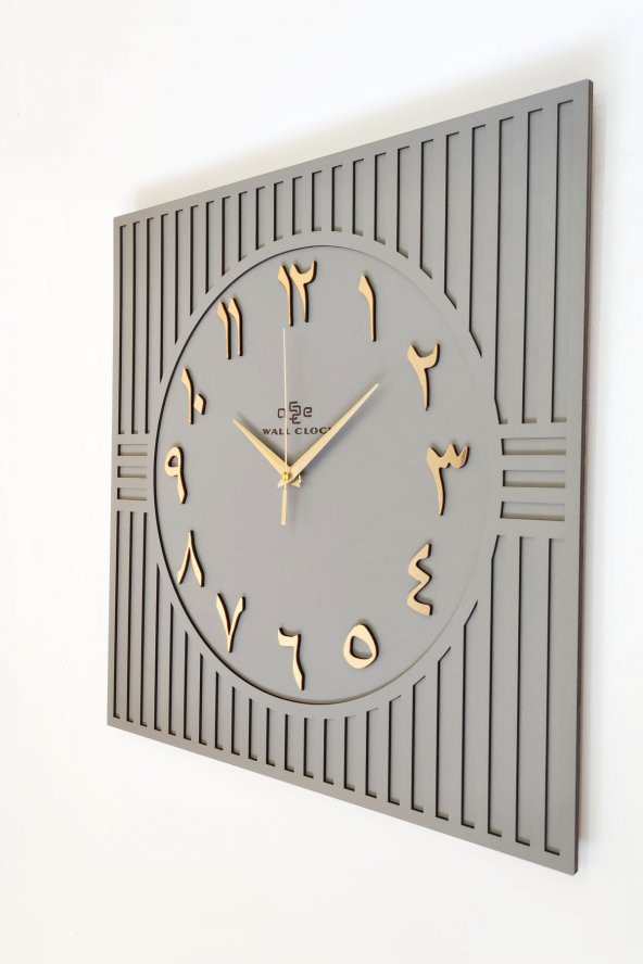 aSSe Tasarım Kare Çizgi Desenli ARAPÇA Rakam Dekoratif Antrasit&Gold Duvar Saati 50x50cm - 2