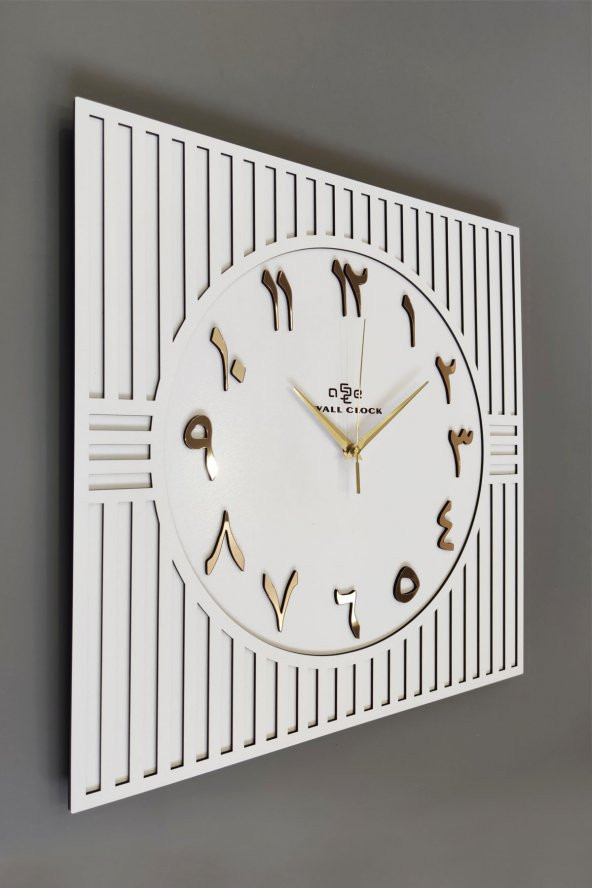 aSSe Tasarım Kare Çizgi Desenli ARAPÇA Rakam Dekoratif Beyaz & Gold Duvar Saati 50x50cm - 2