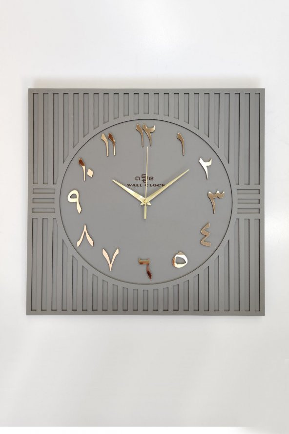 aSSe Tasarım Kare Çizgi Desenli ARAPÇA Rakam Dekoratif Antrasit&Gold Duvar Saati 50x50cm - 3