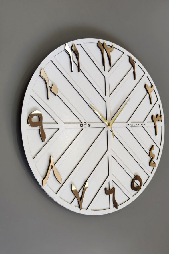 aSSe Tasarım Arapça Rakam Long Line Dekoratif Duvar Saati Beyaz & Gold 50x50cm Sessiz Mekanizma - 2