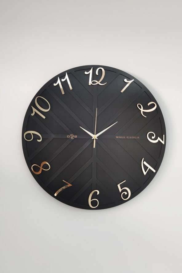 aSSe Tasarım Long Line Dekoratif Duvar Saati Siyah & Gold 50x50cm Sessiz Mekanizma - 2