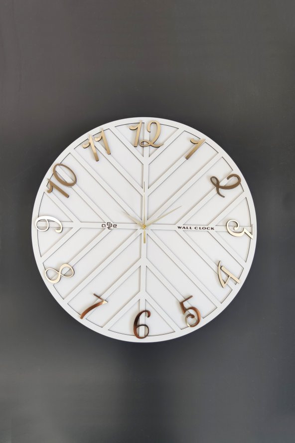 aSSe Tasarım Long Line Dekoratif Duvar Saati Beyaz & Gold 50x50cm Sessiz Mekanizma - Resim 2