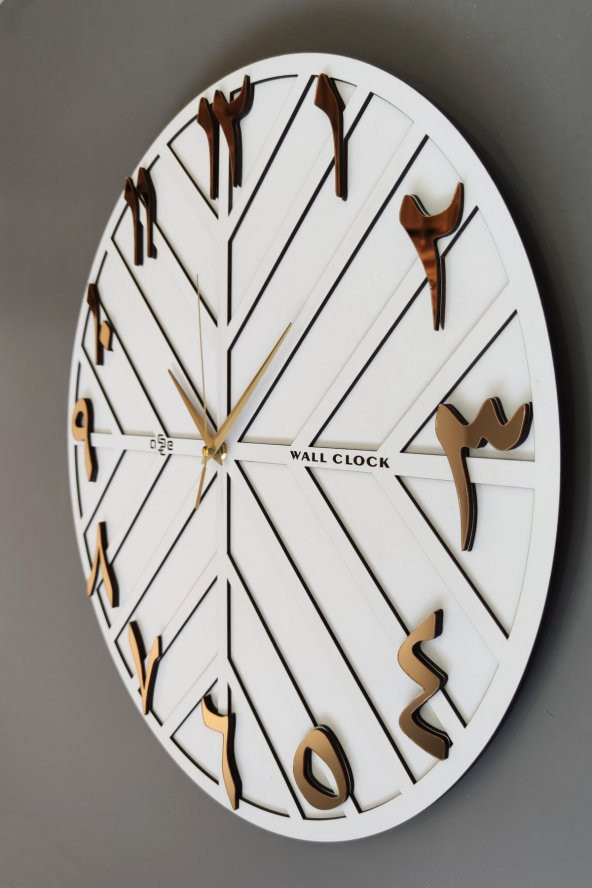 aSSe Tasarım Arapça Rakam Long Line Dekoratif Duvar Saati Beyaz & Gold 50x50cm Sessiz Mekanizma - 3