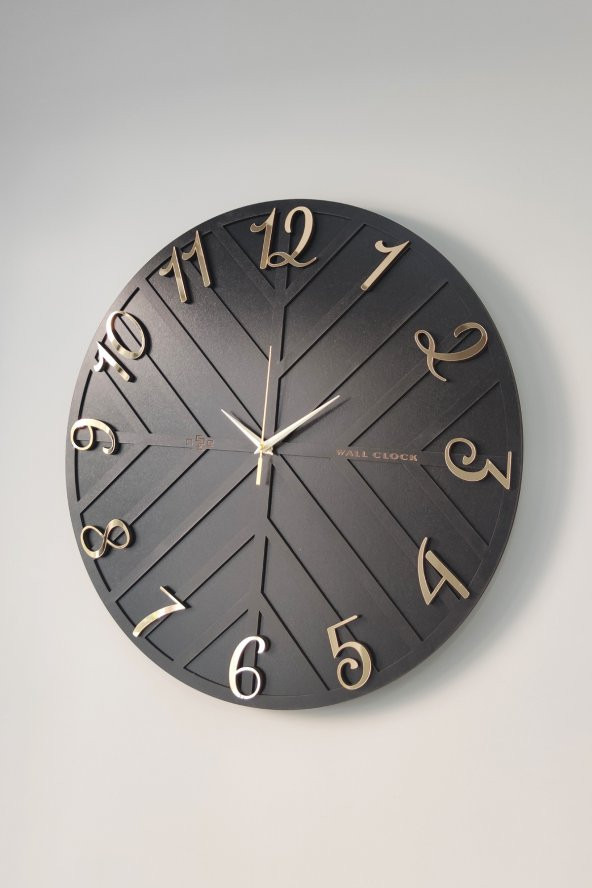 aSSe Tasarım Long Line Dekoratif Duvar Saati Siyah & Gold 50x50cm Sessiz Mekanizma - 3