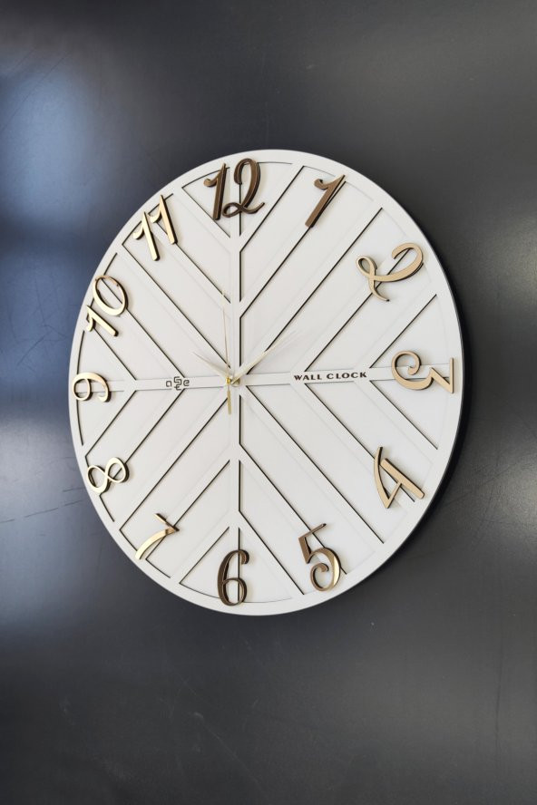 aSSe Tasarım Long Line Dekoratif Duvar Saati Beyaz & Gold 50x50cm Sessiz Mekanizma - Resim 3
