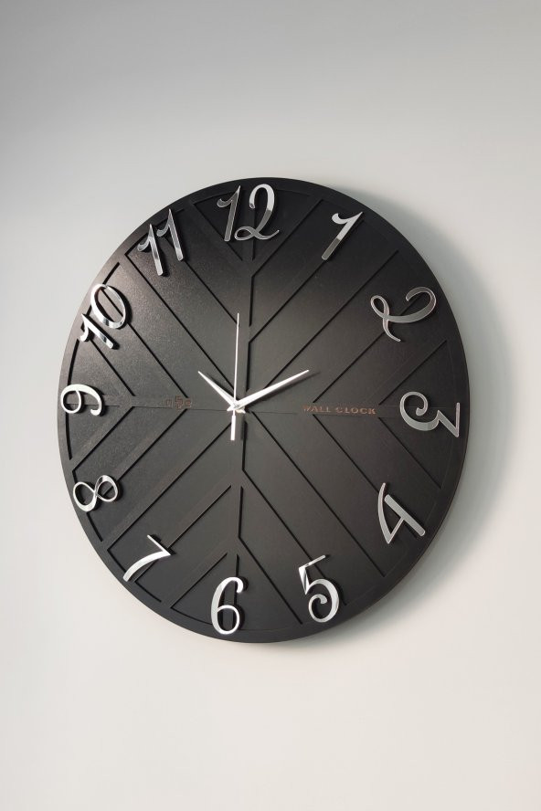 aSSe Tasarım Long Line Dekoratif Duvar Saati Siyah & Gümüş 50x50cm Sessiz Mekanizma - Resim 3