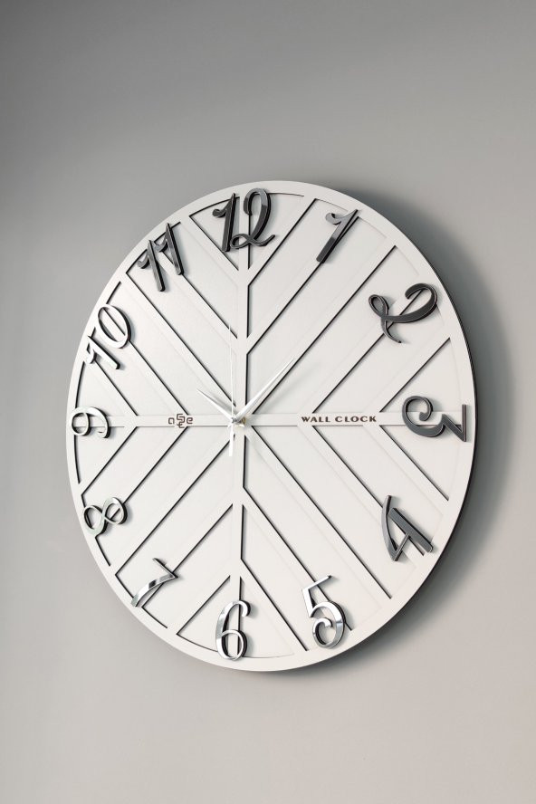 aSSe Tasarım Long Line Dekoratif Duvar Saati Beyaz & Gümüş 50x50cm Sessiz Mekanizma - 3