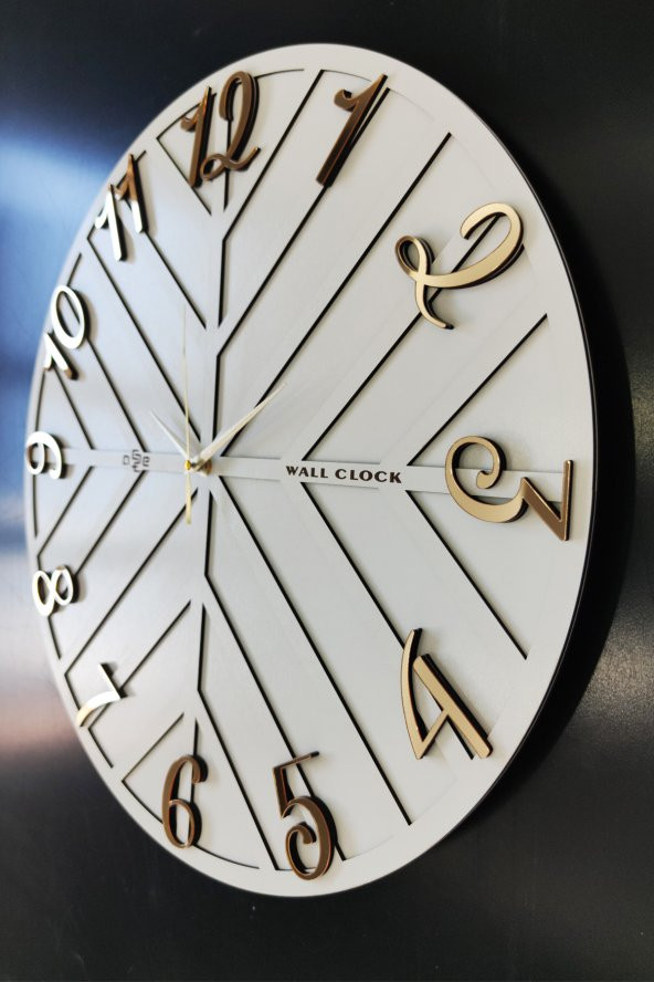 aSSe Tasarım Long Line Dekoratif Duvar Saati Beyaz & Gold 50x50cm Sessiz Mekanizma - Resim 4