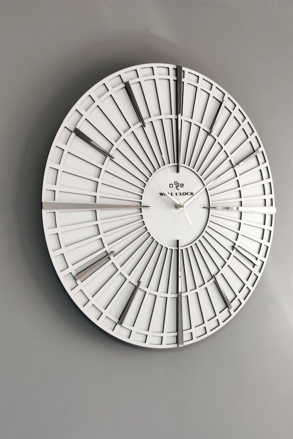 aSSe Tasarım Long Line Dekoratif Duvar Saati Beyaz & Gümüş 37x37cm Sessiz Mekanizma ürün görseli