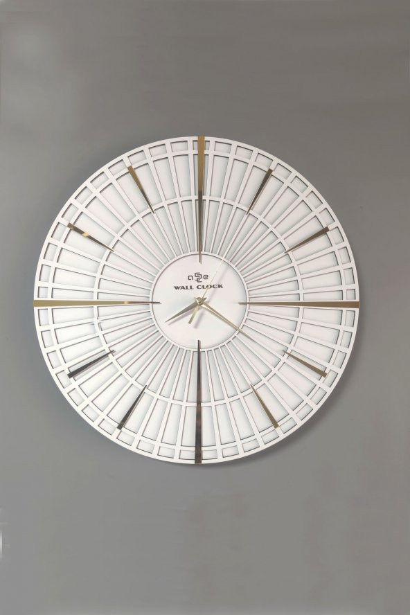 aSSe Tasarım Long Line Dekoratif Duvar Saati Beyaz & Gold 37x37cm Sessiz Mekanizma - Resim 2