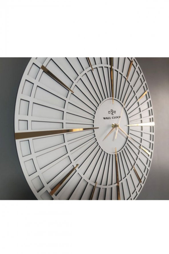 aSSe Tasarım Long Line Dekoratif Duvar Saati Beyaz & Gold 37x37cm Sessiz Mekanizma - Resim 4