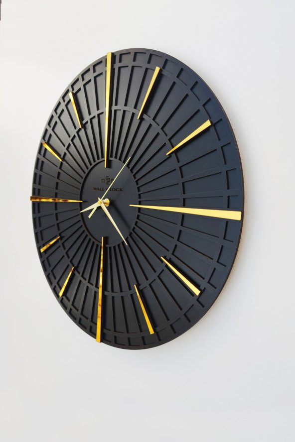 aSSe Tasarım Long Line Dekoratif Duvar Saati Siyah & Gold 37x37cm Sessiz Mekanizma - 2