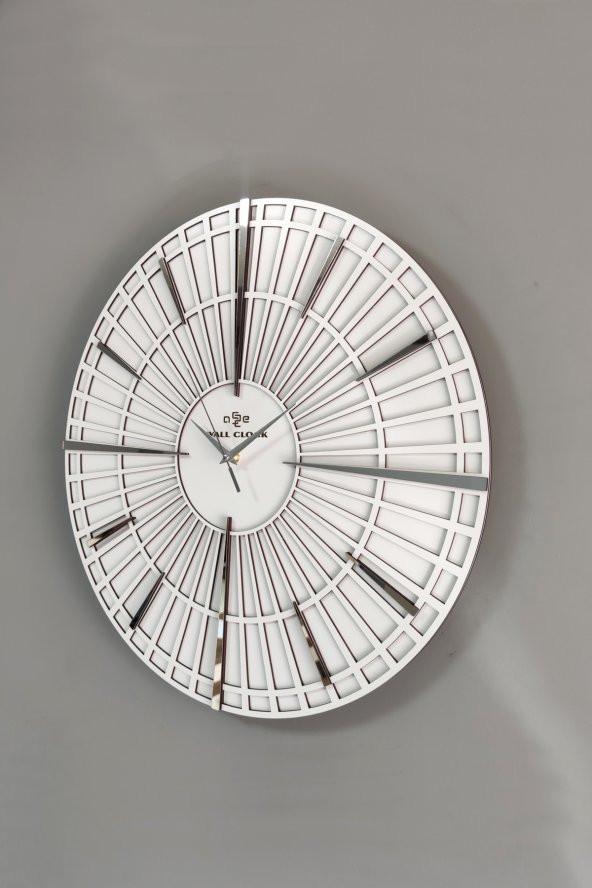 aSSe Tasarım Long Line Dekoratif Duvar Saati Beyaz & Gümüş 37x37cm Sessiz Mekanizma - Resim 4