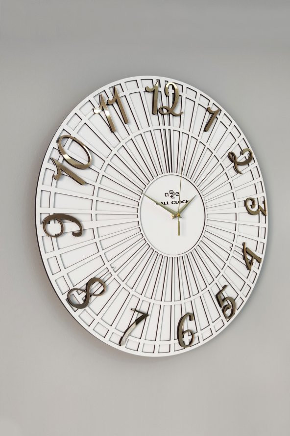 aSSe Tasarım Striped Pattern Beyaz & Gold 50cm Duvar Saati Sessiz Mekanizma ürün görseli
