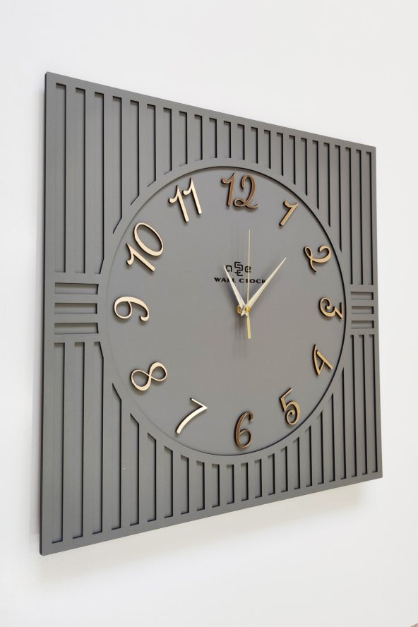 aSSe Tasarım Kare Çizgi Desenli Türkçe Rakam Antrasit & Gold Dekoratif Siyah&Gümüş 50x50cm Duvar Saati