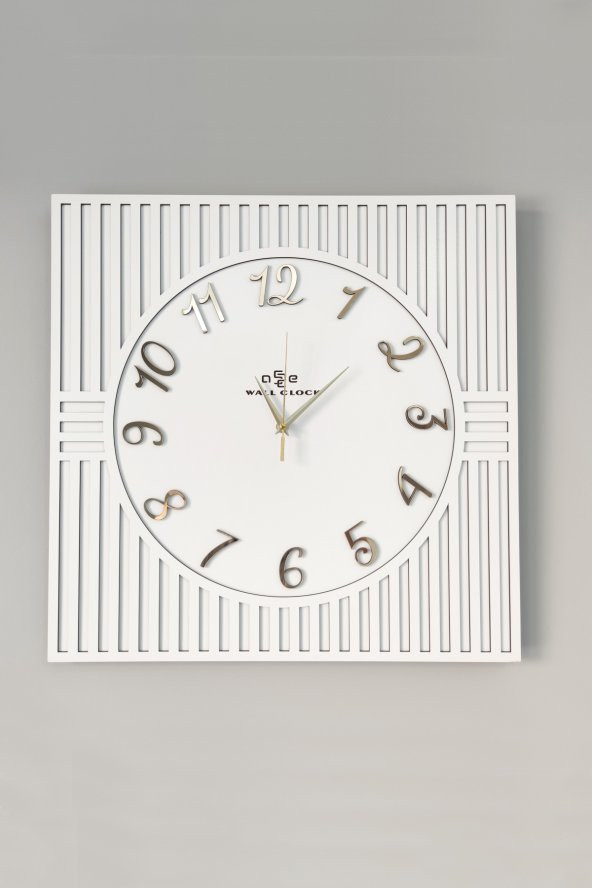 aSSe Tasarım Kare Çizgi Desenli Türkçe Rakam Beyaz & Gold Dekoratif Siyah&Gümüş 50x50cm Duvar Saati - Resim 2