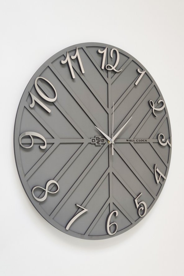 aSSe Tasarım Çizgili Dekoratif Duvar Saati Antrasit & Gümüş 50x50cm Sessiz Mekanizma