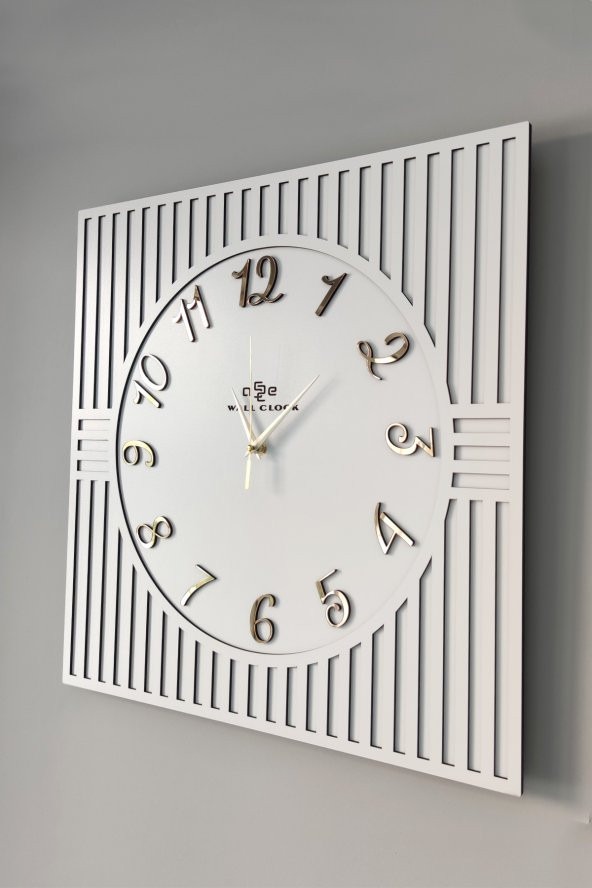 aSSe Tasarım Kare Çizgi Desenli Türkçe Rakam Beyaz & Gold Dekoratif Siyah&Gümüş 50x50cm Duvar Saati - Resim 3