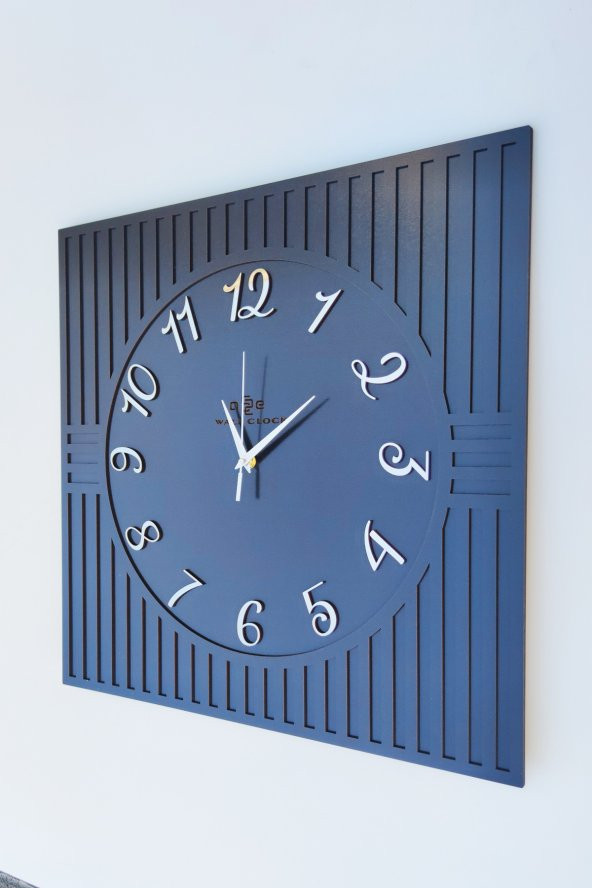 aSSe Tasarım Kare Çizgi Desenli Türkçe Rakam Siyah & Gümüş Dekoratif Siyah&Gümüş 50x50cm Duvar Saati - Resim 3