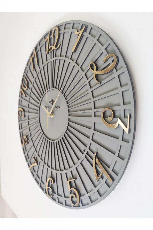 aSSe Tasarım Özel Çizgili Dekoratif Duvar Saati Antrasit & Gold 50x50cm Sessiz Mekanizma - 3