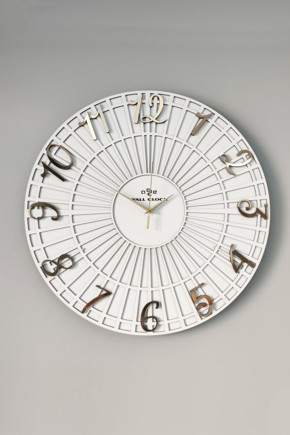 aSSe Tasarım Striped Pattern Beyaz & Gold 50cm Duvar Saati Sessiz Mekanizma - Resim 2