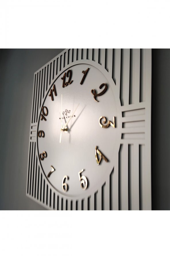 aSSe Tasarım Kare Çizgi Desenli Türkçe Rakam Beyaz & Gold Dekoratif Siyah&Gümüş 50x50cm Duvar Saati - Resim 4