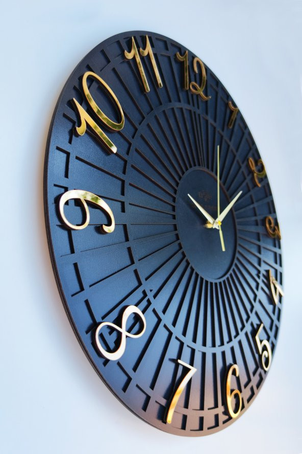 aSSe Tasarım Striped Pattern Siyah & Gold 37x37cm Duvar Saati Sessiz Mekanizma - Resim 4