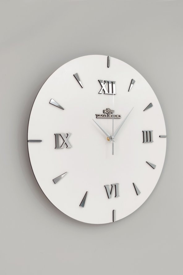 aSSe Tasarım Özel Dekoratif Roma Rakamlı Aynalı Duvar Saati Beyaz & Gümüş Sessiz Mekanizma 37x37cm