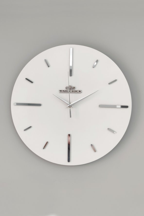 aSSe Tasarım Özel Aynalı  Duvar Saati Beyaz & Gümüş Sessiz Mekanizma  37x37cm - 2