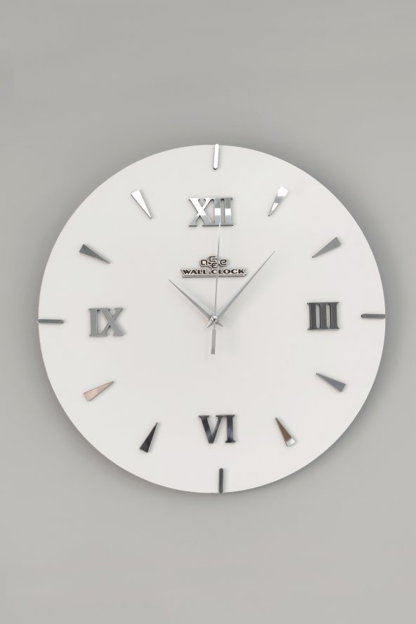 aSSe Tasarım Özel Dekoratif Roma Rakamlı Aynalı Duvar Saati Beyaz & Gümüş Sessiz Mekanizma 37x37cm - 2