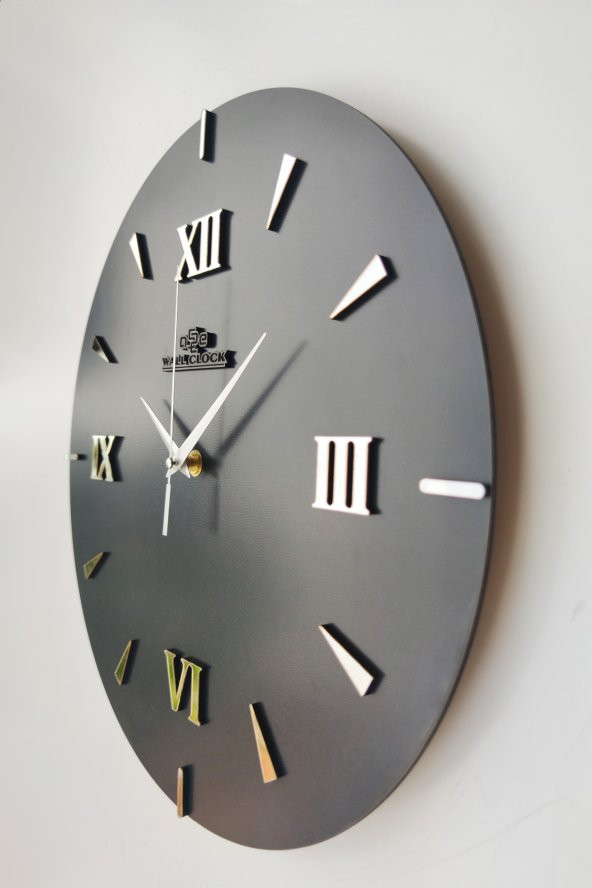 aSSe Tasarım Özel Dekoratif Roma Rakamlı Aynalı Duvar Saati Siyah & Gümüş Sessiz Mekanizma 37x37cm - 4