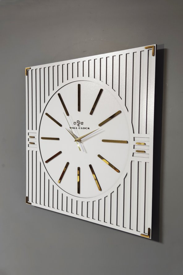 aSSe Tasarım Özel Lüx Çizgi Desenli Ayna  Pleksi Dekoratif  Beyaz & Gold Kare Duvar Saati 50x50cm - 3