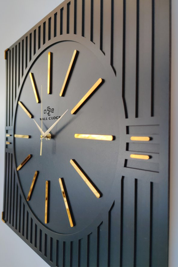 aSSe Tasarım Özel Lüx Çizgi Desenli Ayna  Pleksi Dekoratif Siyah & Gold Kare Duvar Saati 50x50cm - 2