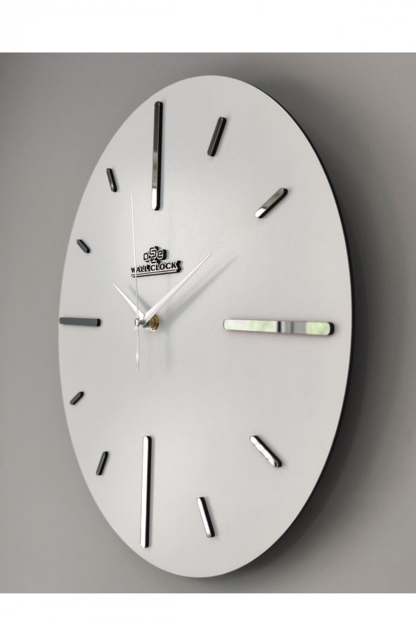 aSSe Tasarım Özel Aynalı  Duvar Saati Beyaz & Gümüş Sessiz Mekanizma  37x37cm - 4