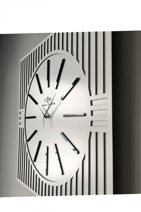 aSSe Tasarım Kare Çizgi Desenli Ayna  Pleksi Dekoratif Beyaz&Siyah Duvar Saati 50x50cm - Resim 3