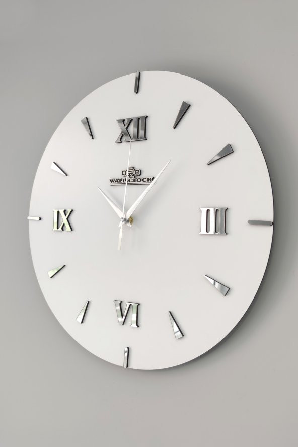 aSSe Tasarım Özel Dekoratif Roma Rakamlı Aynalı Duvar Saati Beyaz & Gümüş Sessiz Mekanizma 37x37cm - 3