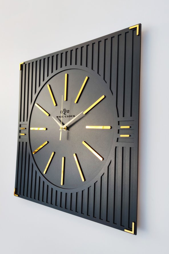 aSSe Tasarım Özel Lüx Çizgi Desenli Ayna  Pleksi Dekoratif Siyah & Gold Kare Duvar Saati 50x50cm - 3