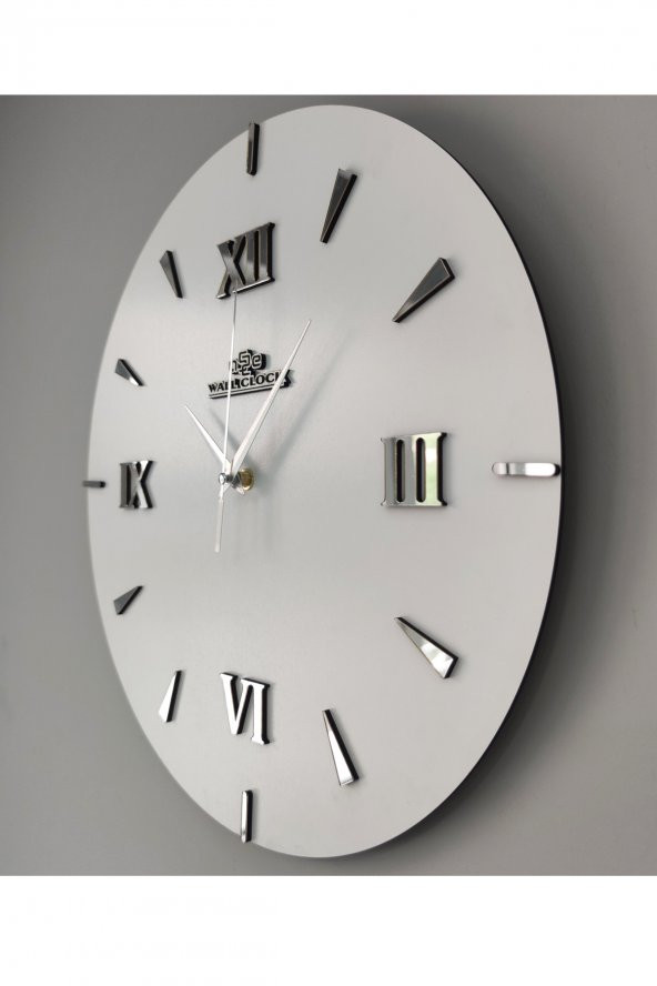 aSSe Tasarım Özel Dekoratif Roma Rakamlı Aynalı Duvar Saati Beyaz & Gümüş Sessiz Mekanizma 37x37cm - 4