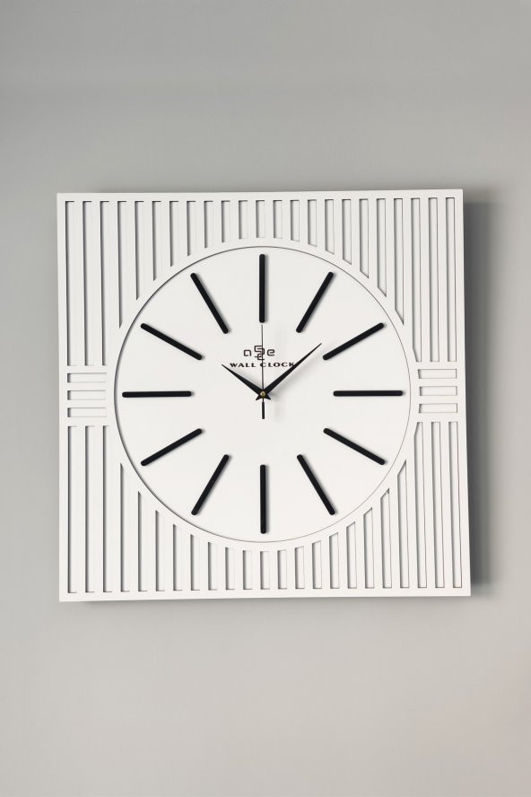 aSSe Tasarım Kare Çizgi Desenli Ayna  Pleksi Dekoratif Beyaz&Siyah Duvar Saati 50x50cm - Resim 4