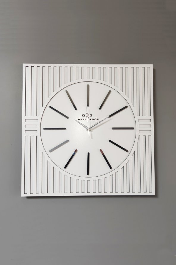 aSSe Tasarım Kare Çizgi Desenli Ayna  Pleksi Dekoratif Beyaz&Gümüş Duvar Saati - Resim 2