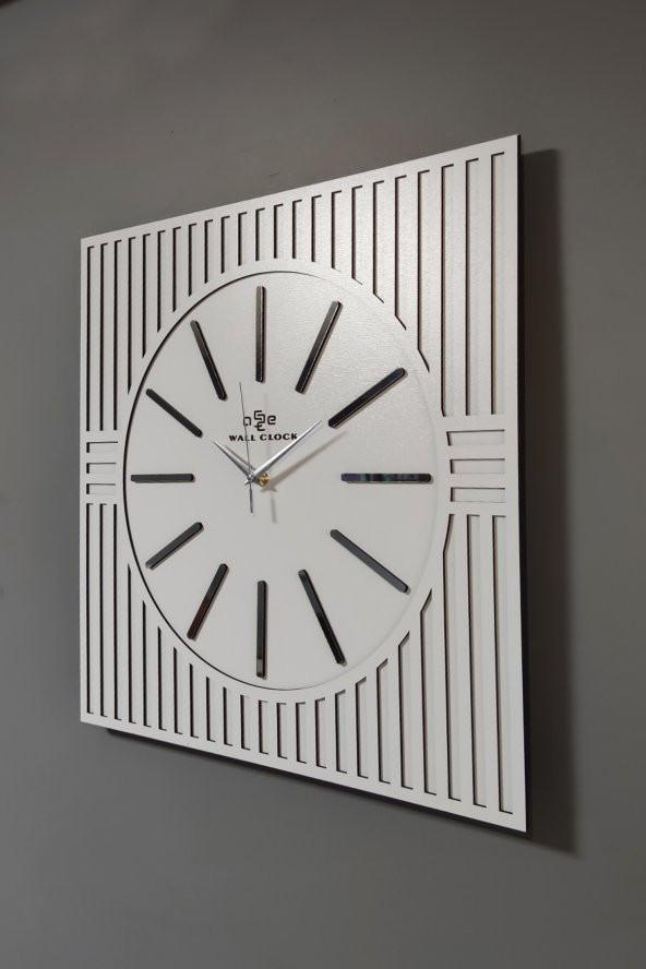 aSSe Tasarım Kare Çizgi Desenli Ayna  Pleksi Dekoratif Beyaz&Gümüş Duvar Saati - Resim 3