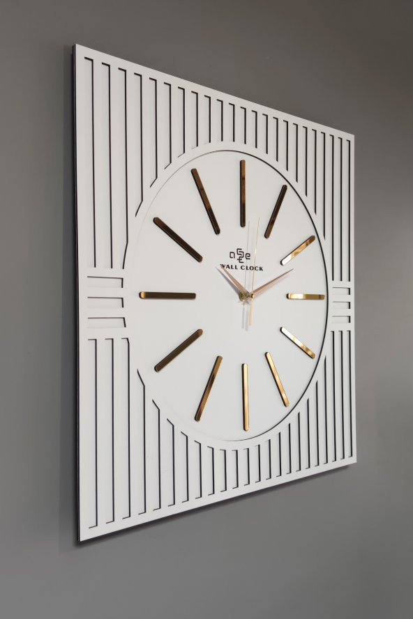 aSSe Tasarım Özel Kare Çizgi Desenli Dekoratif Beyaz & Gold Özel Duvar Saati 50x50cm - 2