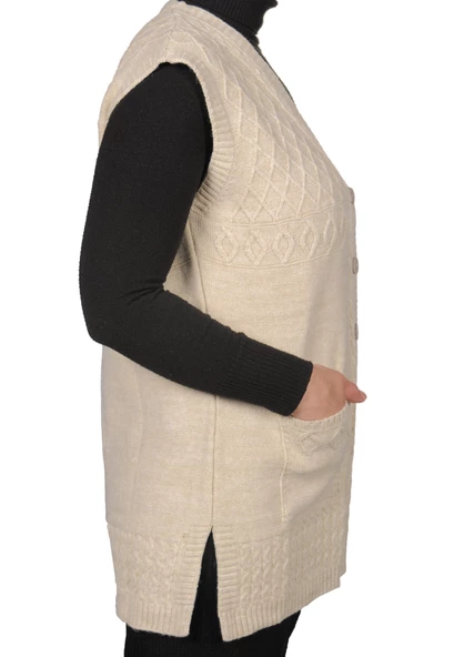 Kadın Koyu Krem Düğmeli Yelek - 3