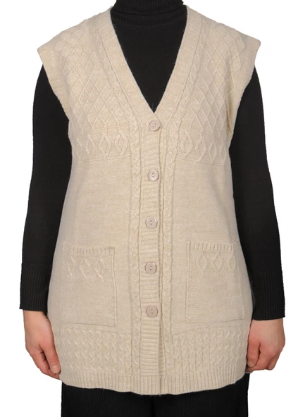 Kadın Koyu Krem Düğmeli Yelek - 2