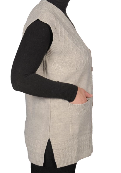 Kadın Koyu Krem Düğmeli Yelek - 11