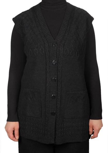 Kadın Koyu Krem Düğmeli Yelek - 6