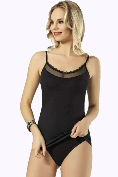 Kadın İp Askılı Tül Detaylı Atlet Pamuklu Rahat 6220 - 2