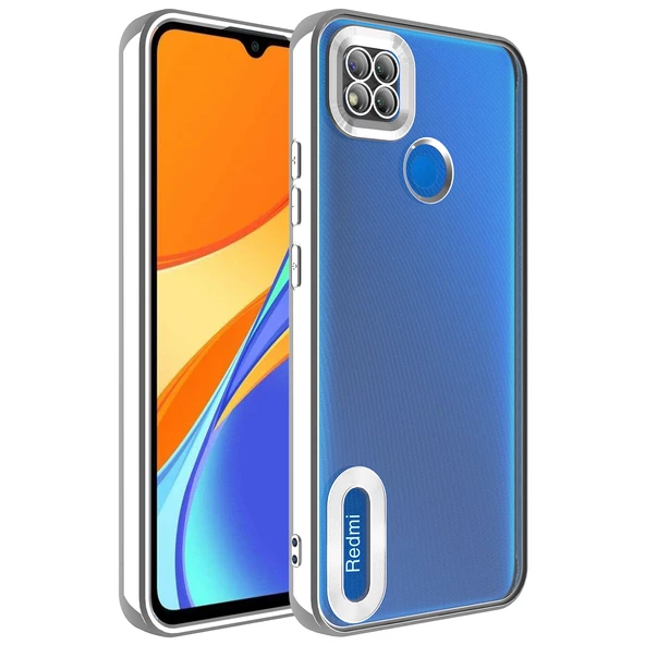 Xiaomi Redmi 9C Kılıf Kamera Korumalı Logo Gösteren Zore Omega Kapak  Gümüş