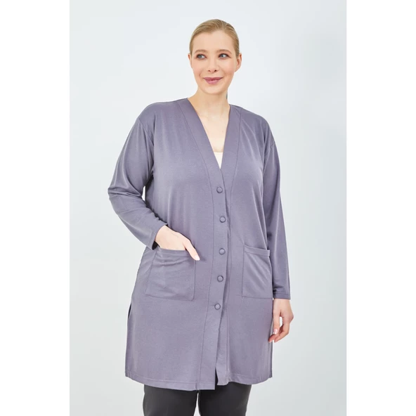 Kadın Vizon Düğmeli Cepli Büyük Beden  Anne Uzun Penye Hırka - 10